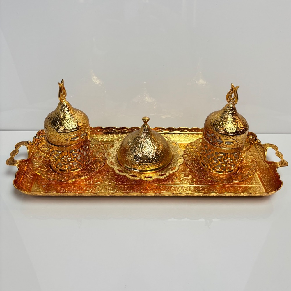 Gold Tone Turkish Coffee Set Ornate Engraved Metal & Glass Tea Coffee Set Turkey